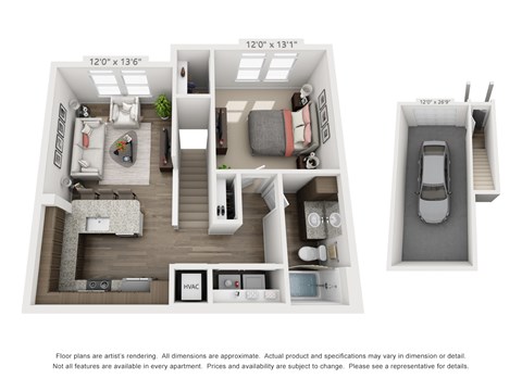 Floor plan for 1 bed, 1 bath, 698 sqft